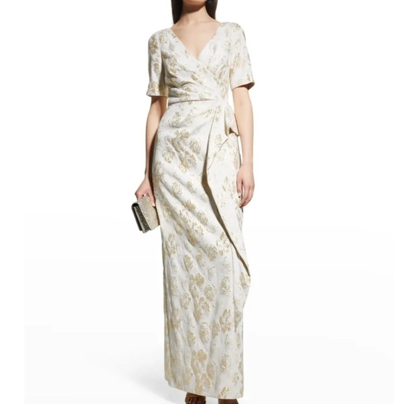 Aidan Mattox Dresses & Skirts - Aidan Mattox NWT V-Neck Pleated Bodice Jacquard Long Gown Ivory & Gold Sz 8